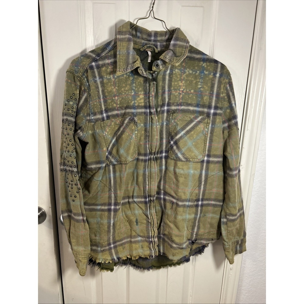 Free People Deconstructed Shirt Jacket Green Plaid Studded Shacket Women XS